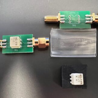 Left: assembled unit without heatshrink Right: PCB with SMA connectors pre-mounted, heat-shrink, Transformer for TR1 position
